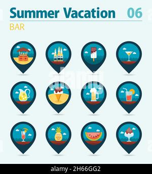 Bar Strand Vektor Pin Karte Symbol gesetzt. Zeigersymbol für die Sommerkarte. Kartenmarkierungen. Urlaub, Folge 10 Stock Vektor