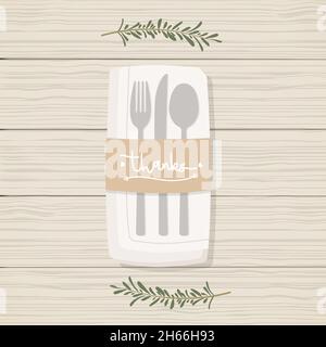 Gefaltete Serviette mit Zweigen, Besteck und braunem Papier mit dem Schriftzug „Danke“. Tischset für Thanksgiving Day. Holztisch Hintergrund. Vektor i Stock Vektor