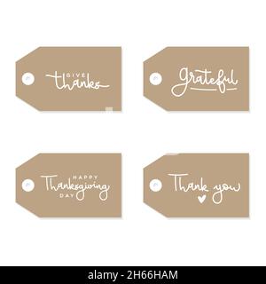 Braunes Papier-Tag-Set. Weißer Schriftzug mit den Zitaten: Danke, dankbar, Happy Thanksgiving Day und Danke. Vektorgrafik, flaches Design Stock Vektor