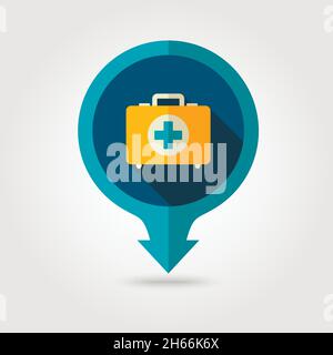 Erste-Hilfe-Vektor-Pin-Map-Flat-Symbol mit langem Schatten. Zeiger auf Strandkarte. Markierungen für Sommerkarte. Urlaub. Sommerzeit. Urlaub, Folge 10 Stock Vektor