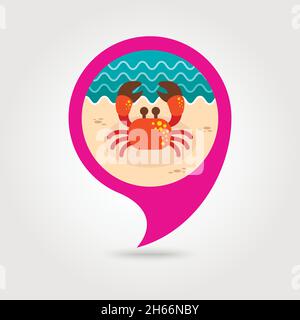 Krabbe Vektor pin Symbol Karte. Strand Kartenzeiger. Sommer Karte Markierungen. Sommer. Ferienhäuser, eps 10. Stock Vektor