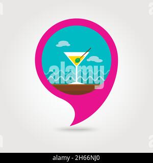 Martini. Cocktail Vektor pin Symbol Karte. Strand Kartenzeiger. Sommer Karte Markierungen. Sommer. Ferienhäuser, eps 10. Stock Vektor