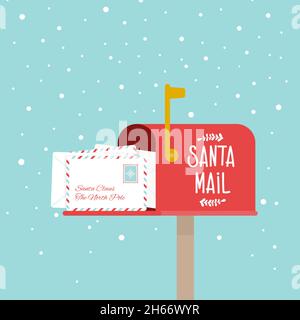 Offener Weihnachts-Briefkasten im Freien voller Briefe. Weihnachtsmann-Post. Schnee. Mailbox-Flag angehoben. Vektor-Illustration, flaches Design Stock Vektor