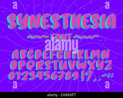 Psychedelisches Alphabet. Zahlen, mathematische Zeichen, Akzente, Kommas, Punkte, Ende, Semikolon, Ausrufezeichen und Fragezeichen. Vollständig bearbeitbar und gut organisiert Stock Vektor