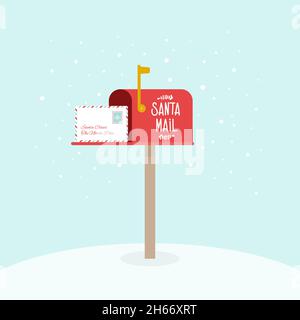 Offener Weihnachts-Briefkasten im Freien mit Briefen. Weihnachtsmann-Post. Mailbox-Flag angehoben. Vektor-Illustration, flaches Design Stock Vektor