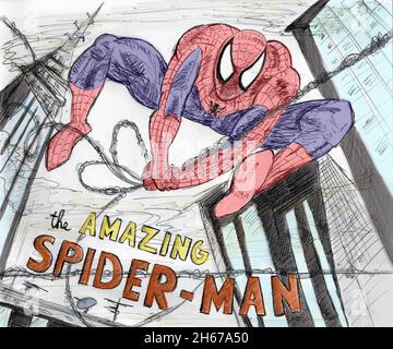 Handgemachte Stifte auf Papier des Marvel-Helden spiderman Stockfoto