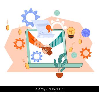 Business Smart Vertrag Online-Vereinbarung. Online-Deal, Cartoon-Vektor isoliert. Stock Vektor