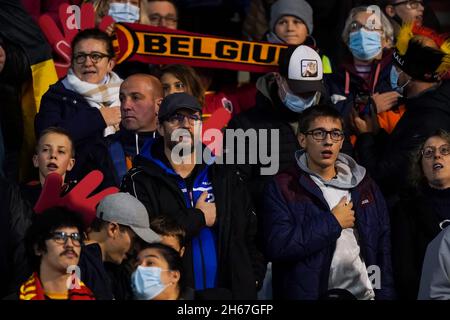 BRÜSSEL, BELGIEN - 13. NOVEMBER: Fans Belgiens beim Qualifikationsspiel der FIFA-Weltmeisterschaft 2022 zwischen Belgien und Estland im King Baudouin-Stadion am 13. November 2021 in Brüssel, Belgien (Foto: Jeroen Meuwsen/Orange Picles) Stockfoto