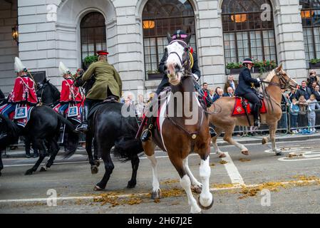 Spoked Horses at the Lord Mayor's Show, Parade, Prozession vorbei an Geflügel, in der Nähe von Mansion House, London, Großbritannien. Polizei und Militär Reiter Stockfoto