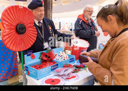 Freiwillige von Mohnblumen appellieren an die britische Legion, die Mohnblumen an Käufer im Einkaufszentrum Kent England verkauft Stockfoto