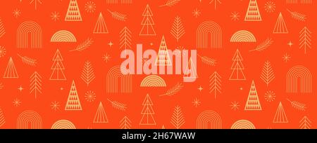 Einfacher Weihnachtshintergrund, goldene geometrische minimalistische Elemente und Ikonen. Banner für ein frohes neues Jahr. Weihnachtsbaum, Schneeflocken, Dekorationselemente. Retro Stock Vektor