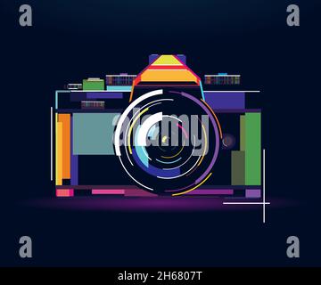 Retro-Fotokamera, abstrakte, bunte Zeichnung, digitale Grafiken. Vektordarstellung von Farben Stock Vektor