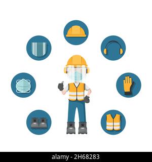 Design der Person mit persönlicher Schutzausrüstung und Gesichtsmaske sowie Symbolen für die Arbeitssicherheit Stock Vektor