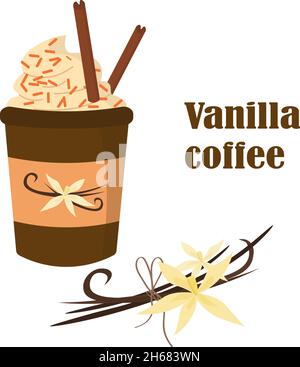 Kaffee und Vanille. Karte mit Pappbecher und Vanilleblume. Stock Vektor