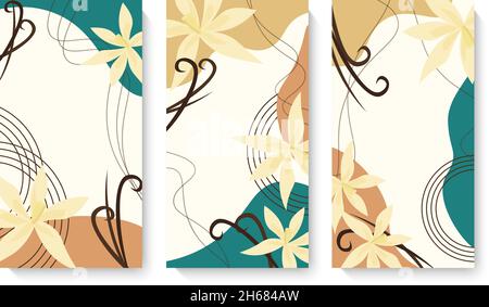 Set von Kartenvorlagen mit abstrakten Punkten und Vanilleblumen. Vektorgrafik. Stock Vektor