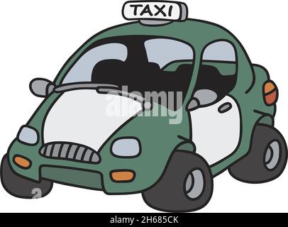 Die vektorisierte Handzeichnung eines lustigen grün-weißen Taxis Stock Vektor
