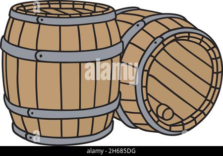 Die vektorisierte Handzeichnung von zwei alten Holzfässern Stock Vektor