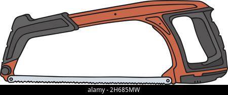 Die vektorisierte Handzeichnung einer modernen roten und schwarzen kleinen Handsäge Stock Vektor