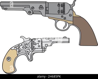 Die vektorisierte Handzeichnung von alten großen und kleinen amerikanischen Handfeuerwaffen Stock Vektor