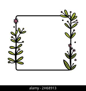 Rustikaler Kranzteiler mit handgezeichneten Blumen. Quadratischer Doodle-Kranz. Doodle Vektorgrafik isoliert auf weißem Hintergrund Stock Vektor