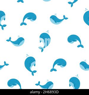 Das Muster ist ein freundlicher Blauwal in zarten blauen Farben. Drei verschiedene Wale. Stolz und süß. Vektorgrafik. Stock Vektor