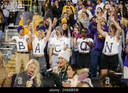 Baton Rouge, LA, USA. November 2021. LSU-Studenten jubeln während einer Auszeit während des NCAA-Fußballspiels zwischen den Arkansas Razorbacks und den LSU Tigers im Tiger Stadium in Baton Rouge, LA. Jonathan Mailhes/CSM/Alamy Live News Stockfoto