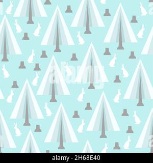 Winter Wald und Hase Muster nahtlos. Bäume und Kaninchen Hintergrund Stock Vektor