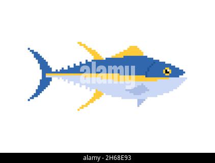 Thunfisch Pixel Art. Pixeliger Thunfisch Meeresfrüchte Fisch. 8-Bit-Vektorgrafik Stock Vektor