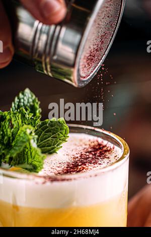 Barkeeper macht Whisky sauer Cocktail Stockfoto