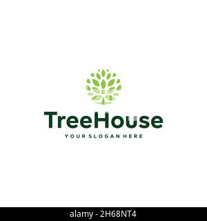 Minimalistisches Baumhaus hinterlässt Pflanzen Logo-Design Stock Vektor