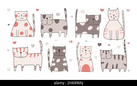 Sammlung von niedlichen lustigen Katzen. Bundle von entzückenden Haustieren von Hand gezeichnet mit Konturlinien auf weißem Hintergrund. Vektorgrafik Stock Vektor