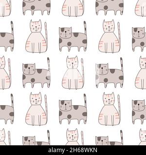 Nahtloses Muster niedliche lustige Katzen. Endloser Hintergrund zum Drucken. Handgezeichnete kindliche flache Vektorgrafik im Doodle-Stil Stock Vektor