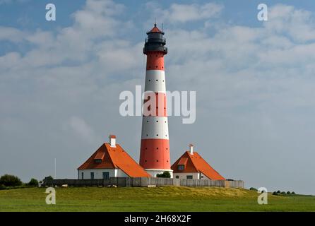 Leuchtturm Westerheversand, Westerhever, Halbinsel Eiderstedt, Nationalpark Schleswig-Holsteinisches Wattenmeer, Schleswig-Holstein, Deutschland Stockfoto