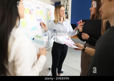 Frauen im Büro diskutieren über den Arbeitsprozess Stockfoto