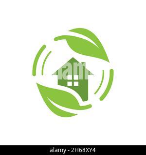 Grünes Haus mit Blättern Vektor-Logo-Symbol. Symbol für umweltfreundliches Zuhause. Stock Vektor