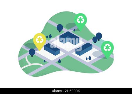 Infografik zu kommunalen Recyclingstationen. Ortsnadeln für Abfallsortierung auf Vektorgrafik Stadtplanung, in flacher Ausführung. Stock Vektor
