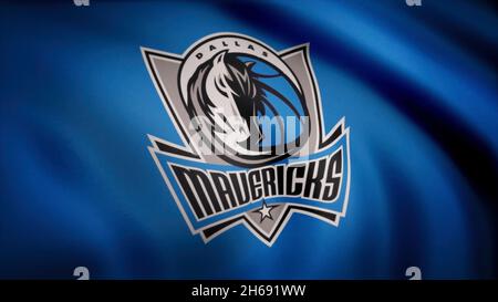 Animation winkt in Windfahne des Basketballclubs Dallas Mavericks. Nur für redaktionelle Zwecke. Stockfoto