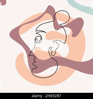 Menschlicher Kopf mit abstrakten Formen im Linienkunststil. Zeitgenössische handgezeichnete Vektorgrafiken. Stock Vektor