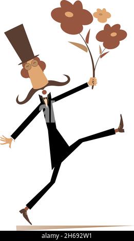 Cartoon Walking Mann mit einem Blumenstrauß Illustration. Langer Schnurrbart Mann in der Hut hält einen Blumenstrauß isoliert auf weiß Stock Vektor