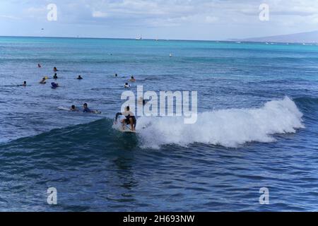 Honolulu, Hawaii - 6. Nov 2021-Junge Jungen spielen auf ihren Boogey Boards im Surf. Stockfoto