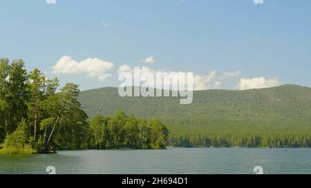 Blaues Wasser in einem Waldsee mit Pinien. Schöner See und grüner Wald. Stockfoto