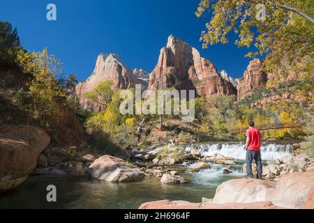 Zion National Park, Utah, USA. Blick über den Virgin River auf Abraham und Isaac, benachbarte Felsformationen im Hof der Patriarchen, Herbst. Stockfoto