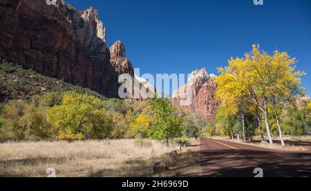 Zion National Park, Utah, USA. Panoramablick auf den Zion Canyon Scenic Drive zu den hoch aufragenden Klippen von Mount Majestic und Cathedral Mountain, Herbst. Stockfoto