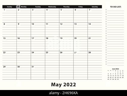 Mai 2022 Monatlicher Business Desk Pad Kalender. Kalenderplaner Mai 2022 mit To-Do-Liste und Platz für Notizen in schwarz-weißem Design. Stock Vektor