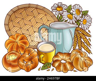 Brötchen und Milch, Weidenserviette Hand gezeichnet Vektor Doodle Illustration. Bäckerei Objekte und Elemente Cartoon Hintergrund. Lustige Essensbilder Stock Vektor