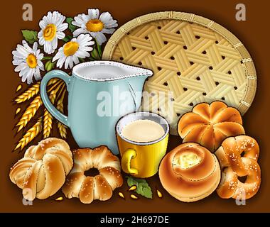 Brötchen und Milch, Weidenserviette Hand gezeichnet Vektor Doodle Illustration. Bäckerei Objekte und Elemente Cartoon Hintergrund. Lustige Essensbilder Stock Vektor