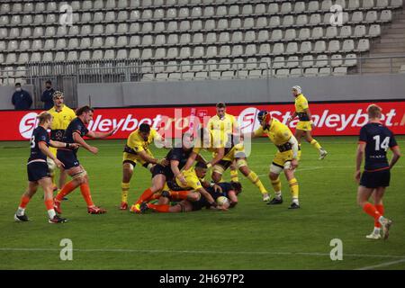 BUKAREST, RUMÄNIEN - 13. November 2021: Das Rugby-Spiel Rumänien gegen die Niederlande ist Teil der Rugby-Europameisterschaft. Stockfoto