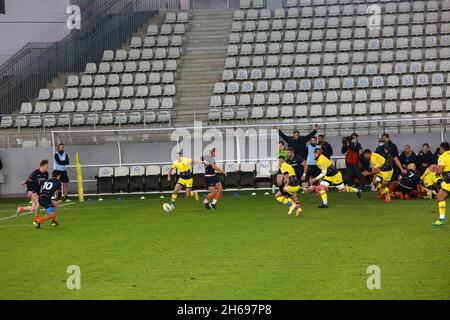 BUKAREST, RUMÄNIEN - 13. November 2021: Das Rugby-Spiel Rumänien gegen die Niederlande ist Teil der Rugby-Europameisterschaft. Stockfoto