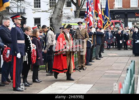 Brighton UK 14. November - der Bürgermeister von Brighton und Hove Cllr Alan Robins legt einen Kranz bei dem Akt des Gedenkens, der heute im Brighton war Memorial stattfindet : Credit Simon Dack / Alamy Live News Stockfoto