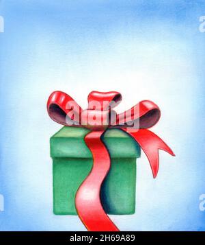 Rotes Band auf einer Geschenkbox. Handbemalte Illustration. Stockfoto